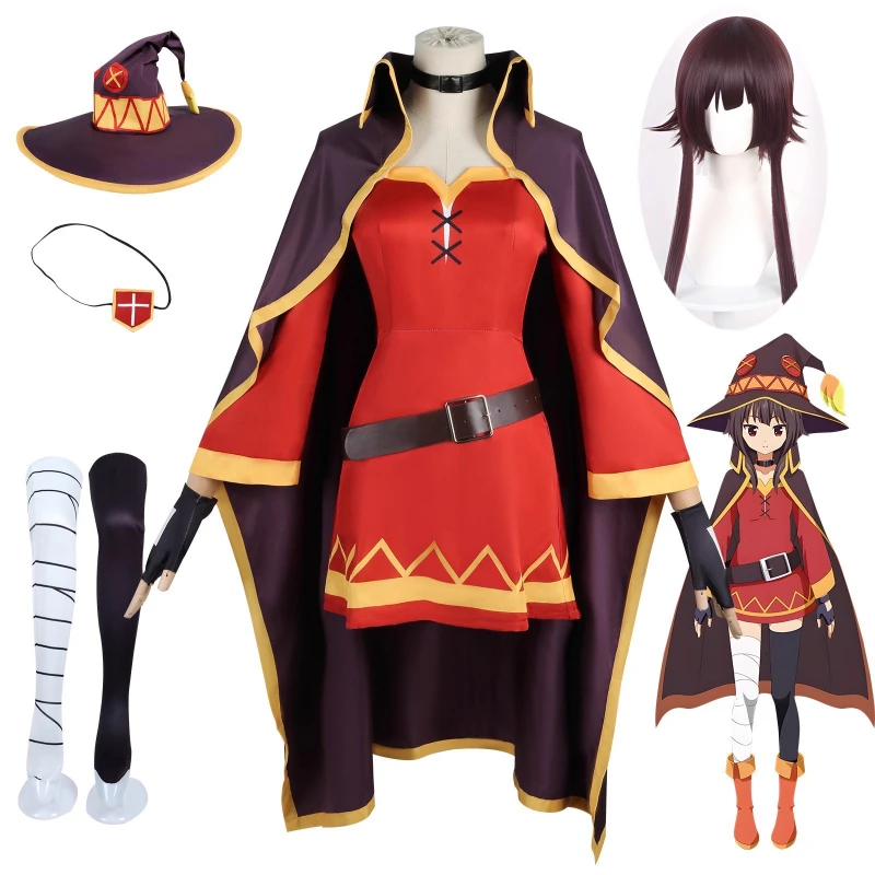 أزياء أنيمي ميجومين التأثيرية كونسوباراش سيكاي ني شوكوفوكو wo! فستان تنكري وقبعة وعباءة موحدة لحفلات الهالوين للفتيات