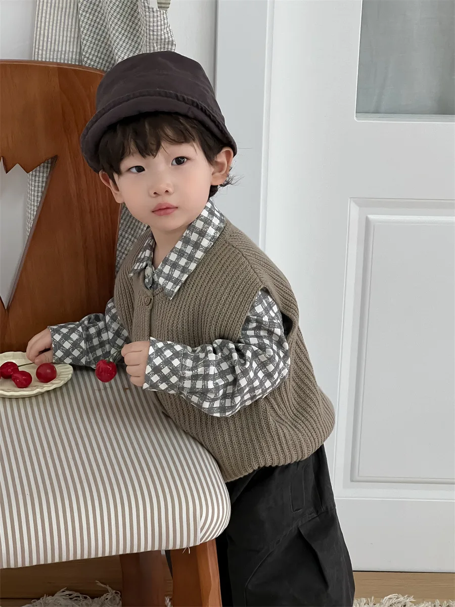 Infant Boys Solid Casual Knitted Vest Toddler Versatile Cardigan Coat Baby Clothes 2025 Autumn New Baby Sleeveless Sweater