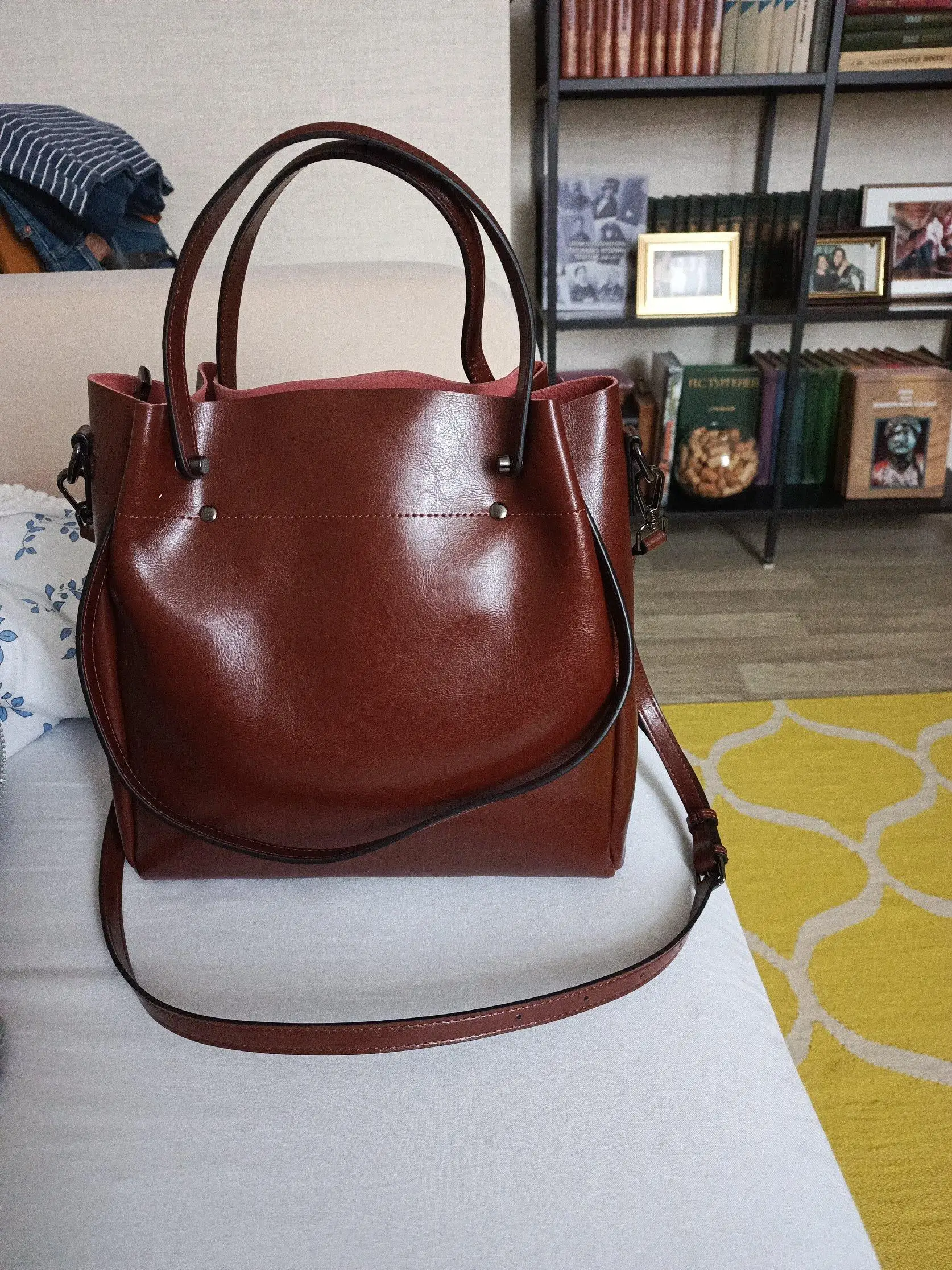 Zency Fashion Brown Black 100% Genuine Leather Women Shoulder Top Handle Crossbody 3 in 1 Bag Many Pockets For Work Commuters