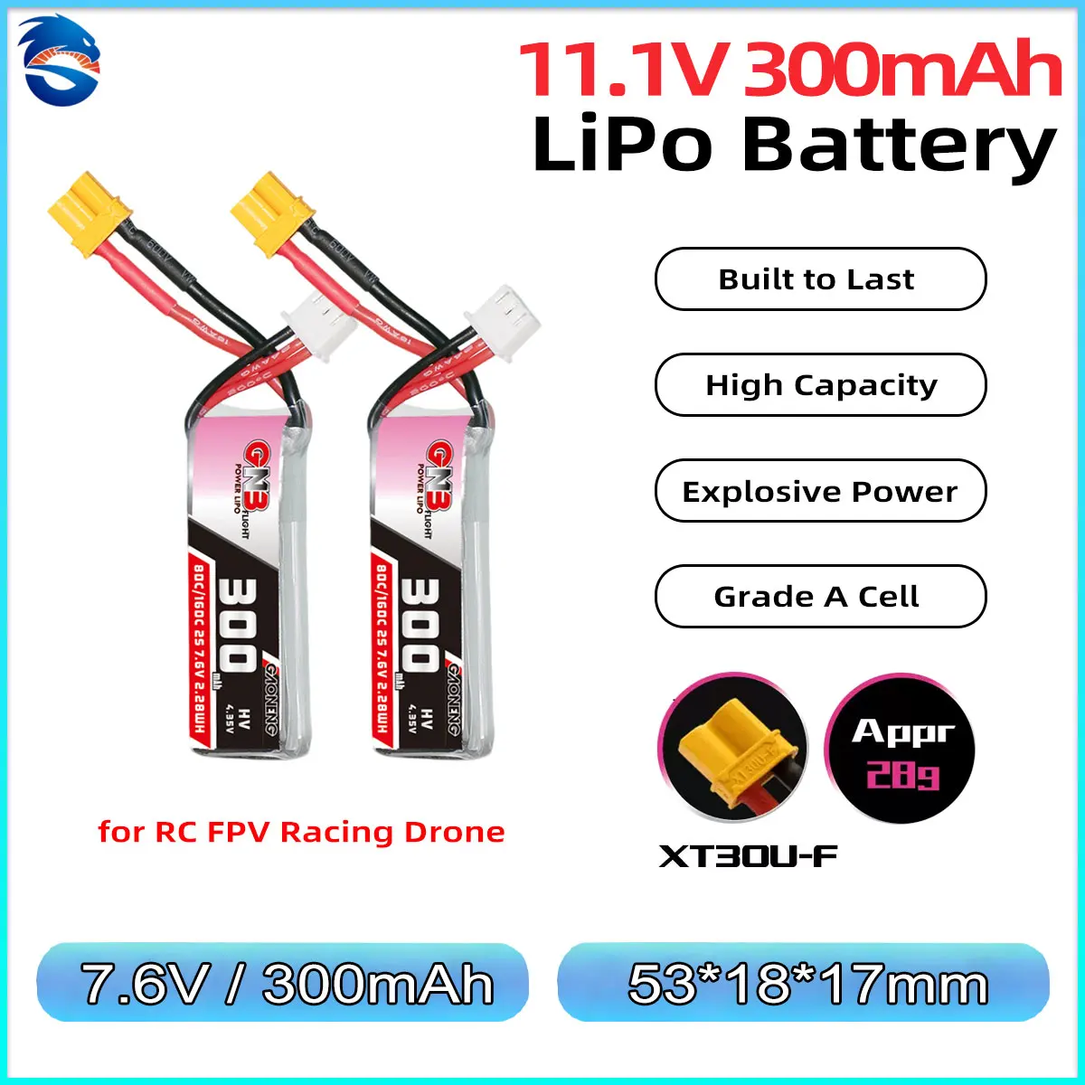 GAONENG GNB 3S HV LiPo Battery 11.4V 300mAh 80C Light Weight Long Fly Time XT30 Plug for FPV Racing Drone