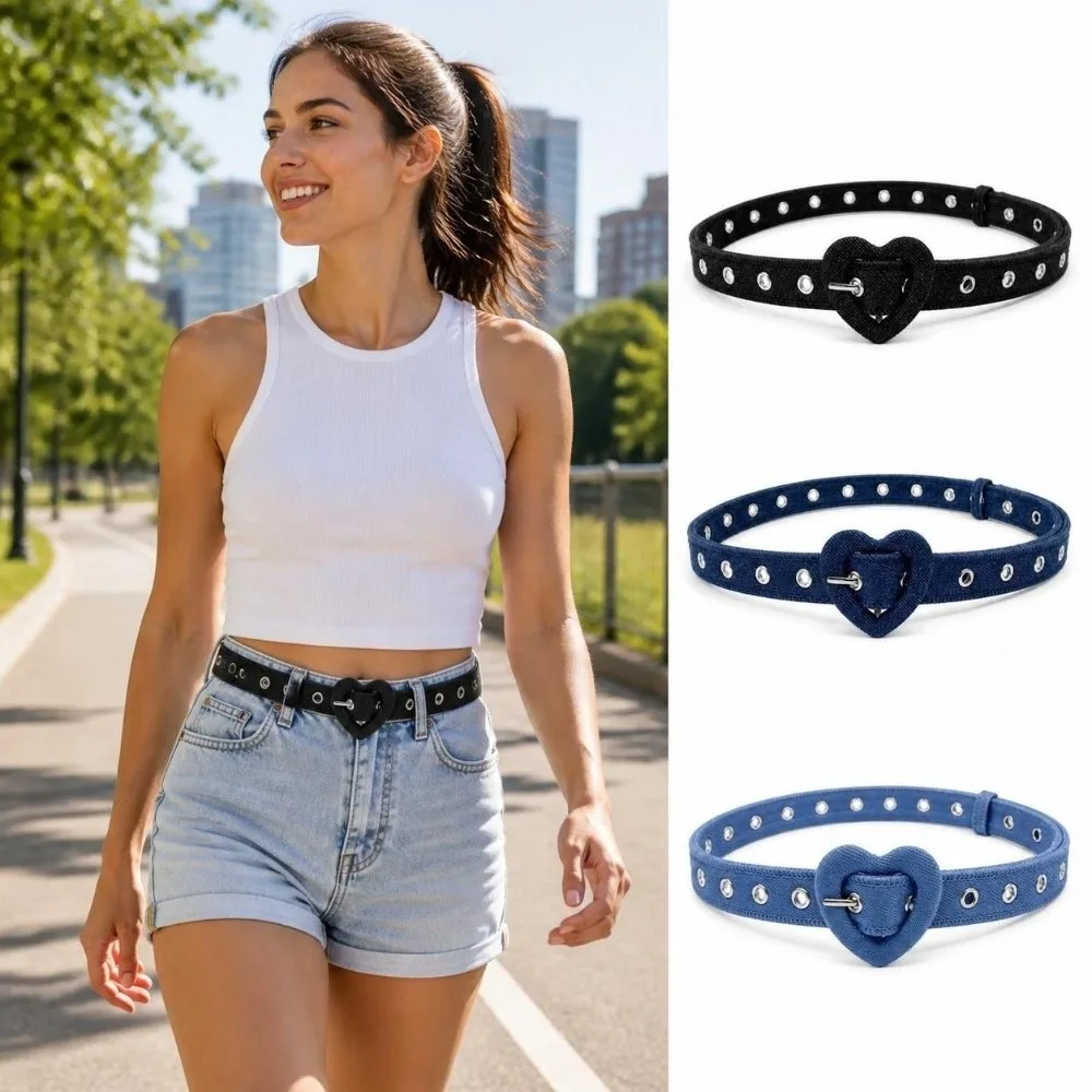Adjustable Denim Waist Belt Heart Shape Buckle Metal Eyelets Decorative Waist Strap Slim Fit Thin Waistband Fashion Denim Belt