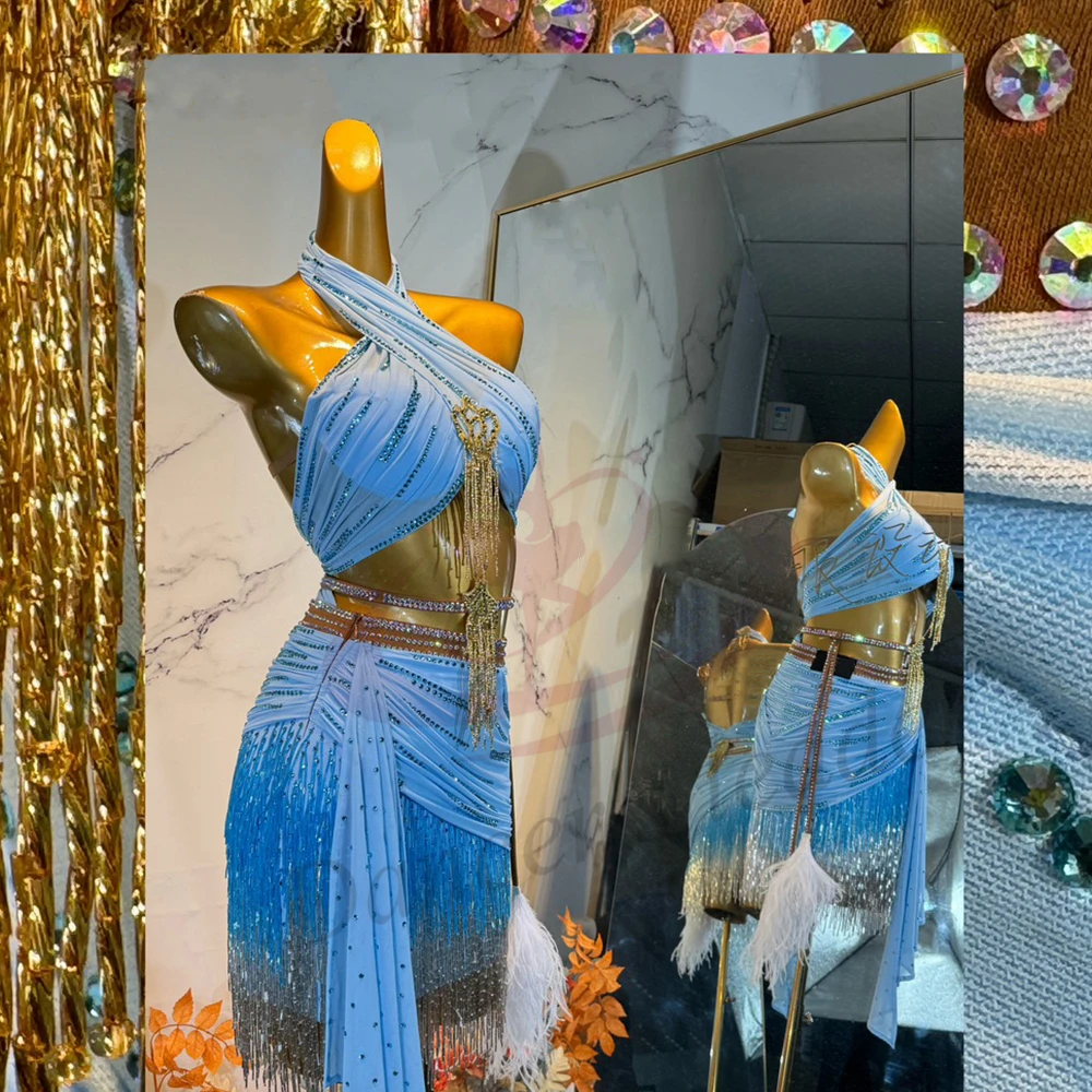 

Latin Dance Diamond Women's High end Customized Retro Design Two tone Tassel Flower Dress Samba Dance Dress Performance Dress