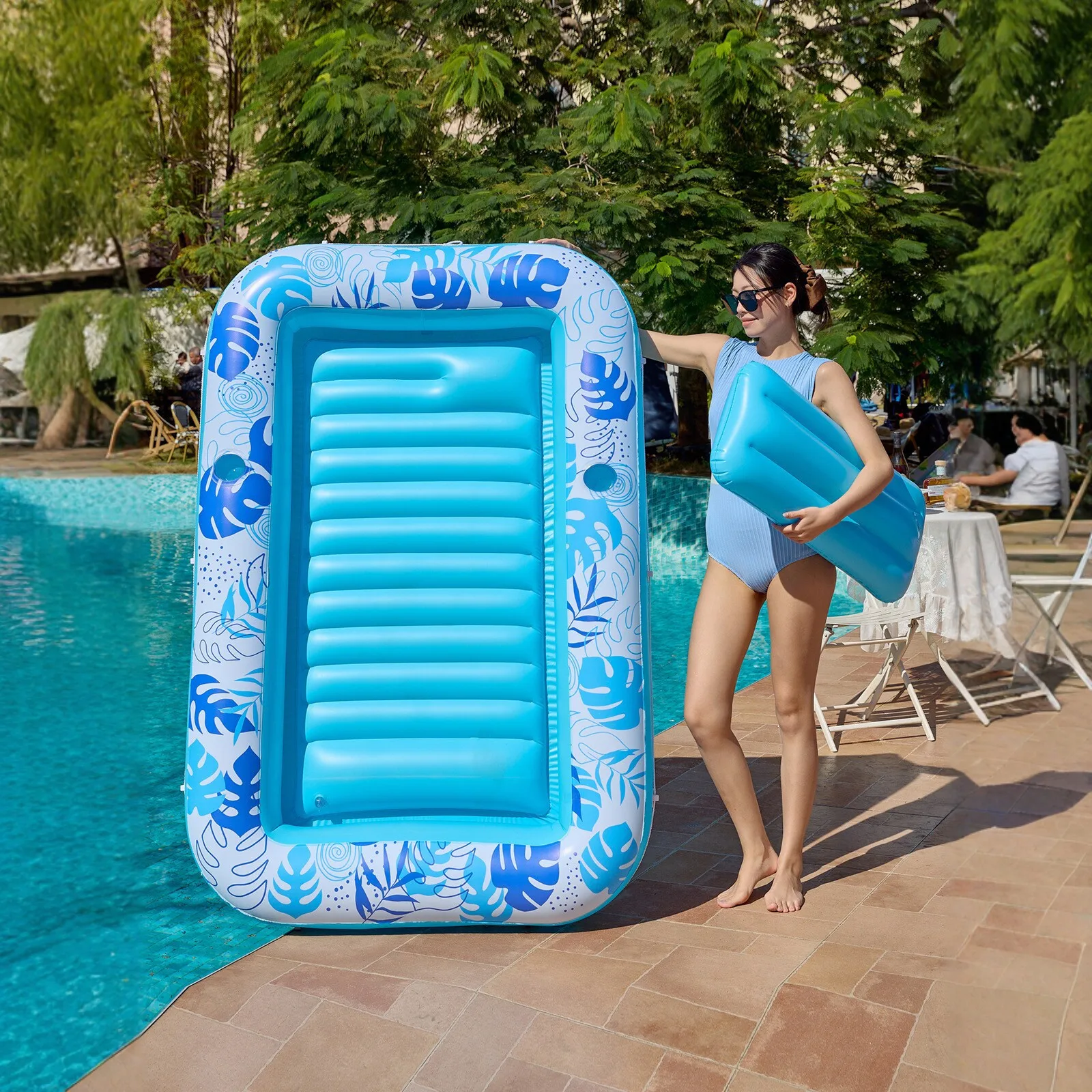 Adult Inflatable Pool Float Bed with Pillow Sun Lounger Pink Tropical Water Floating Bed