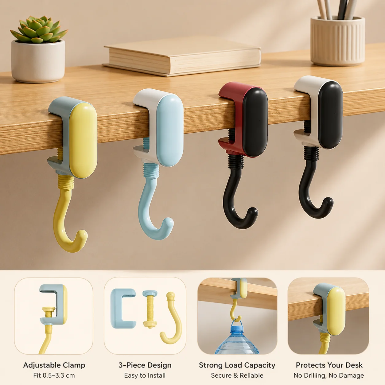 1Pc Adjustable Clamp-On Desk Bag Hook, No-Drill Rotating Backpack Hanger for School Desk, Handbag Storage Holder