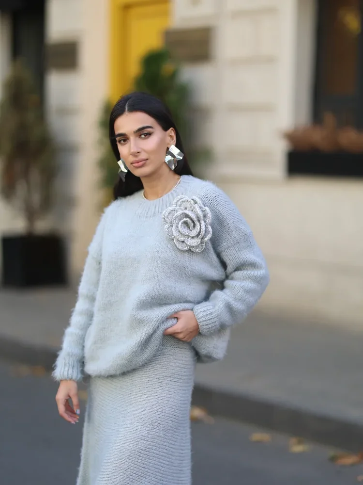 Rosa O-Ausschnitt lose gerippte Pullover langen Rock Set voller Ärmel Blumen dekor Pullover Meerjungfrau Rock Anzüge Mode süßes Outfit