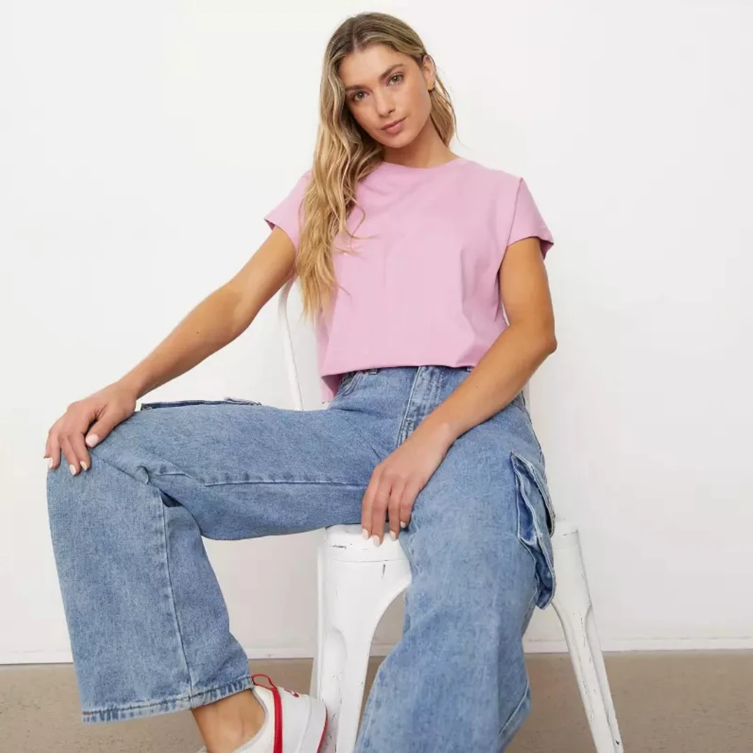 

00% Pure Cotton ort Sve T-irt Women's ort Sle l Hem Design Color Top Fem Faion Summer Wear