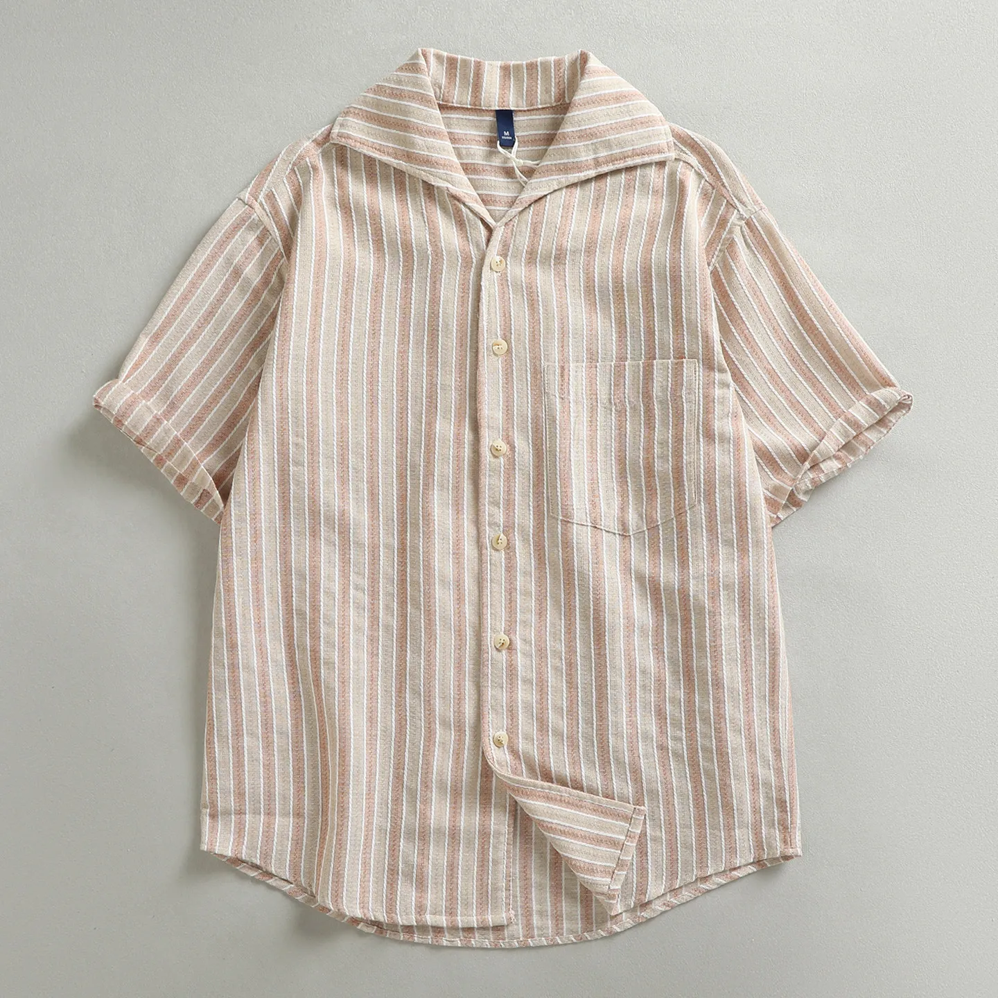 

Vintage Cuban Collar Vertical Striped Short Sleeve Shirt Men Single Pocket Loose Fit Casual Button Down Shirts