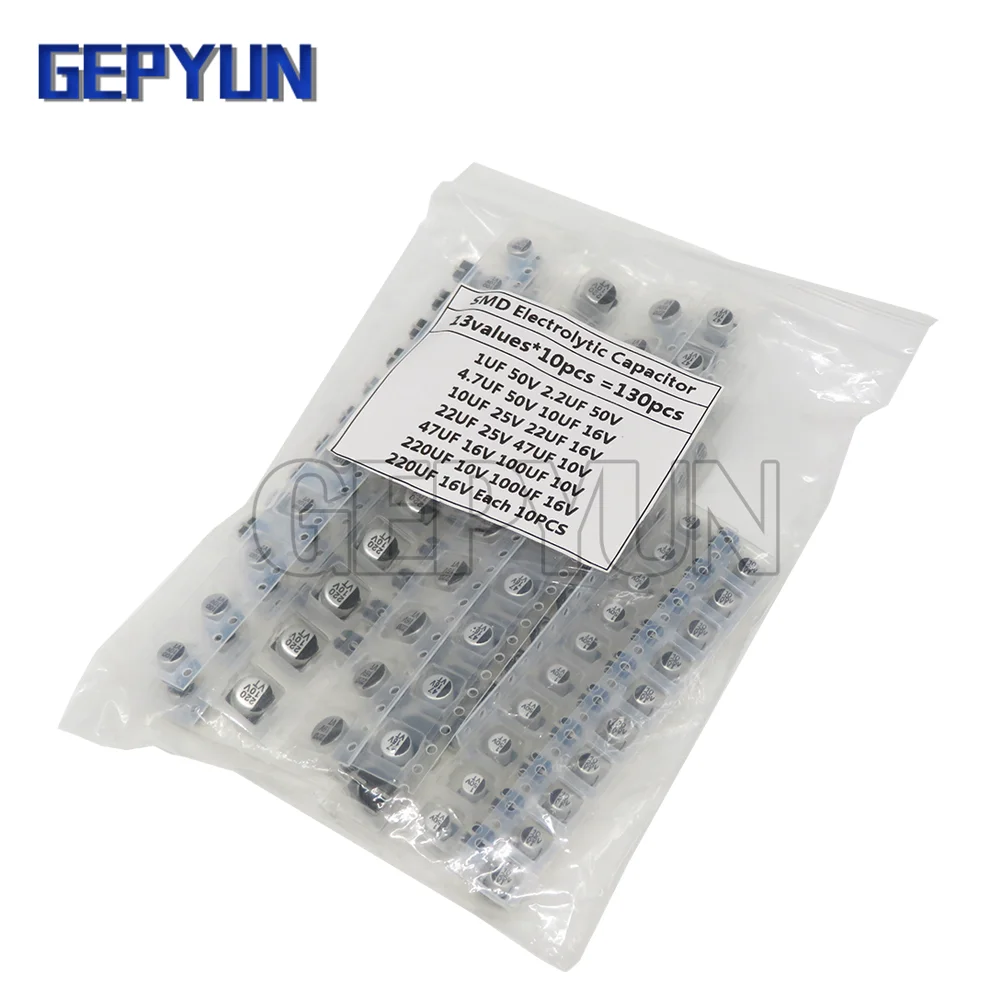 130pcs/LOT SMD Aluminum Electrolytic Capacitor Assorted Kit Set 1uF-220uF 13values*10pcs=130pcs Samples Kit