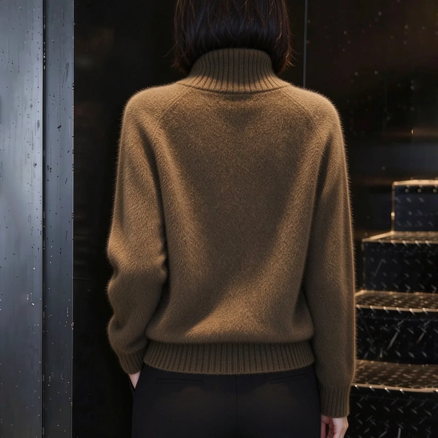 Half Zip Mock Neck Sweater Women Brown Fuzzy Mink Cashmere Knit Pullover Loose Warm Casual Autumn Winter Lady Jumper Top