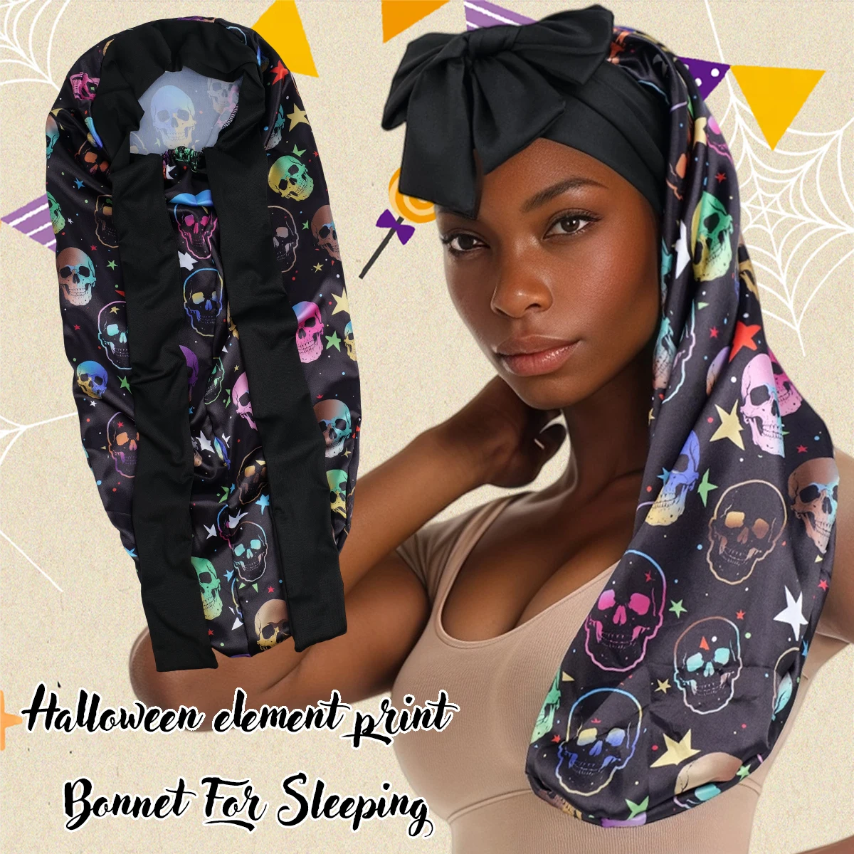1PC Halloween Spooky Skull Print Satin Bonnet Oversized Adjustable Ribbon Sleep Cap for Long And Natural Hair