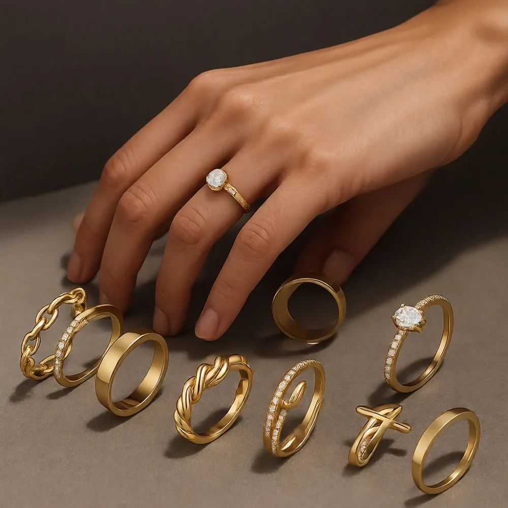 

Набор из 12 позолоченных колец 14K с имитацией бриллиантов, переплетающиеся, витые, крестообразные, обручальные, размеры 5-11, не тускнеют