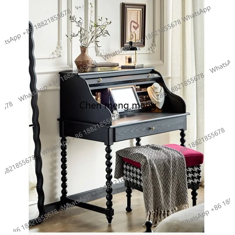 E153 French retro roller shutter organ dresser medium antique solid wood small black makeup table bedroom