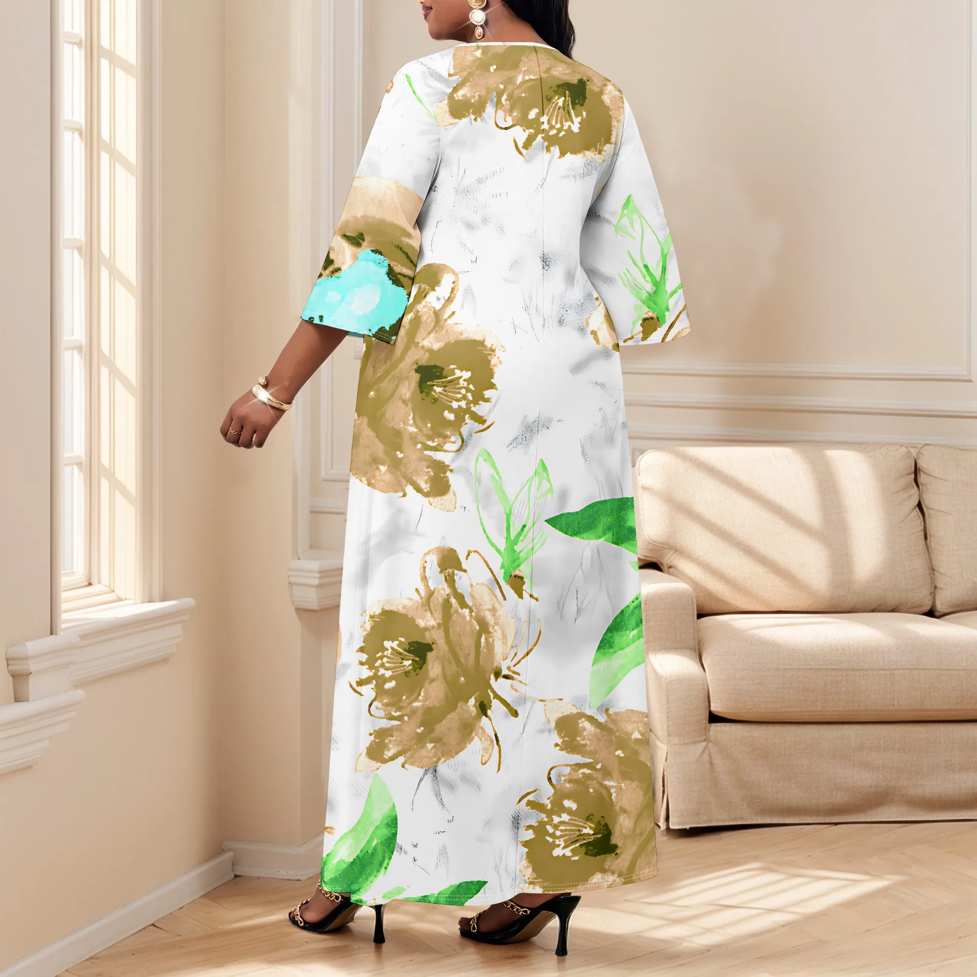 Damen-Kleid mit mittellangen Ärmeln in Übergröße, modisches bedrucktes kleines V-Ausschnitt, lässiges Heimkleid