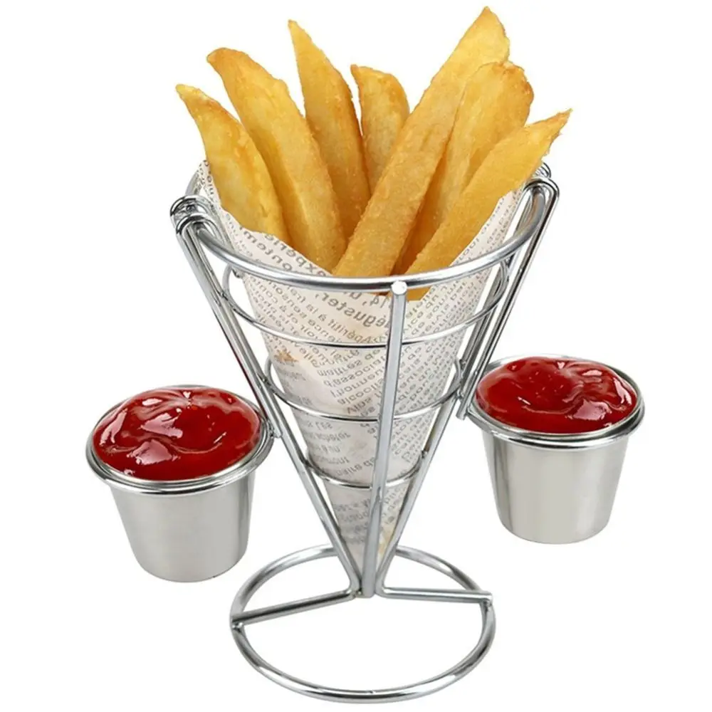 Practical Iron French Fry Cone Holder with Sauce Cup Sliver Fries Display Stand Convenient Study Fries Baskets Buffet Party