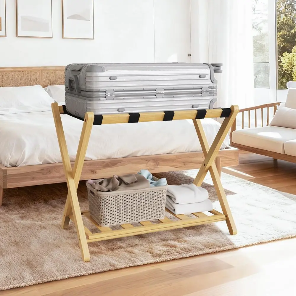 

Fully Assembled 26.77" Luggage Stand, Bedroom, Hotel - Natural Bamboo Suitcase Stand, Foldable with 2 Layers - Luggage Racks for
