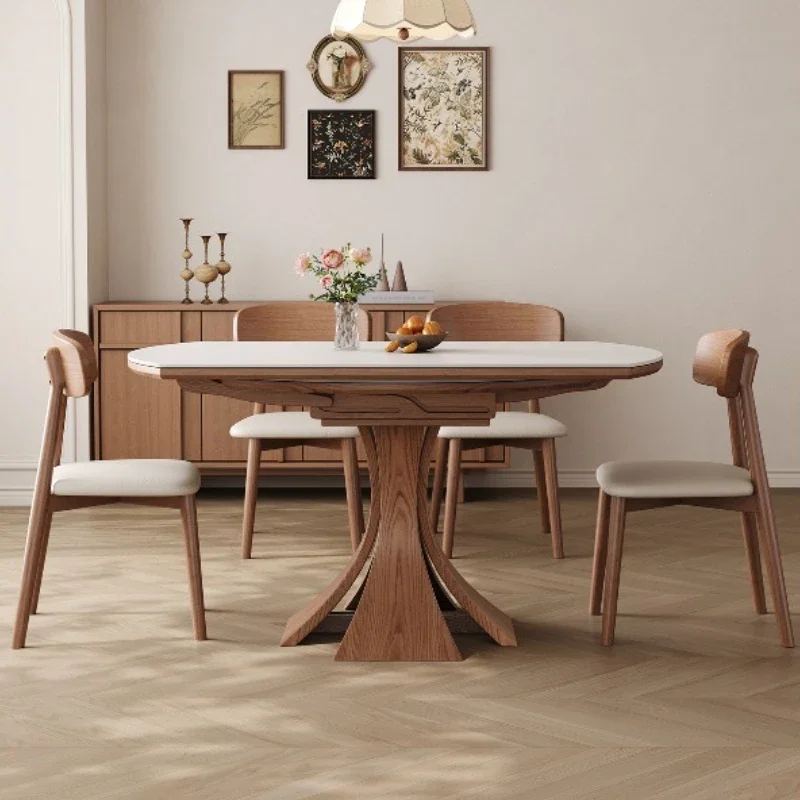 Solid wood rock slab dining table and chairs, household small retractable square and round table