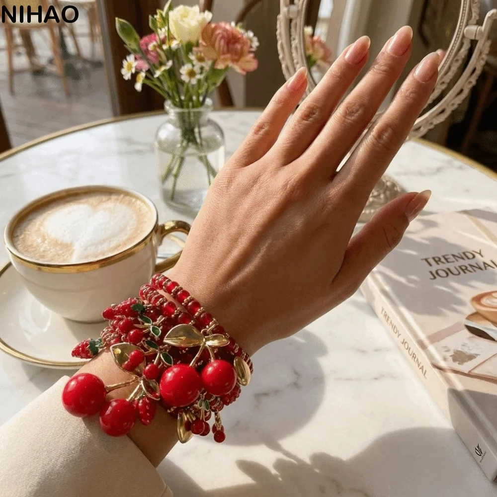 Cute Beaded Stackable Bracelet Set Fruit Strawberry Red Cherry Hand Chain Lightweight Heart Hand Jewelry Girl