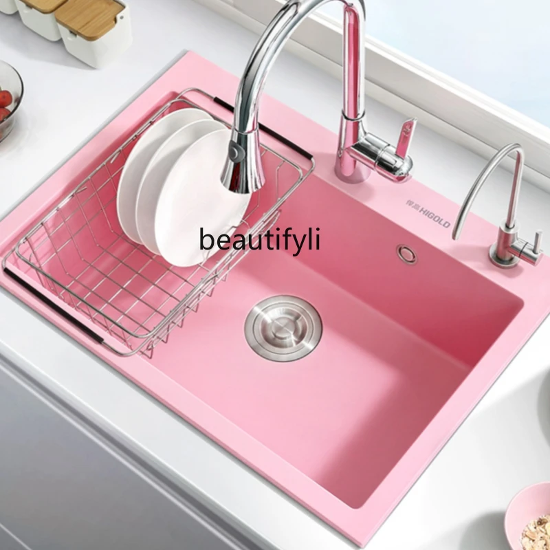 Sink Quartz Stone Pink Kitchen Table under Counter Large Single Sink Dishwashing Washing Basin Draining Double Slot