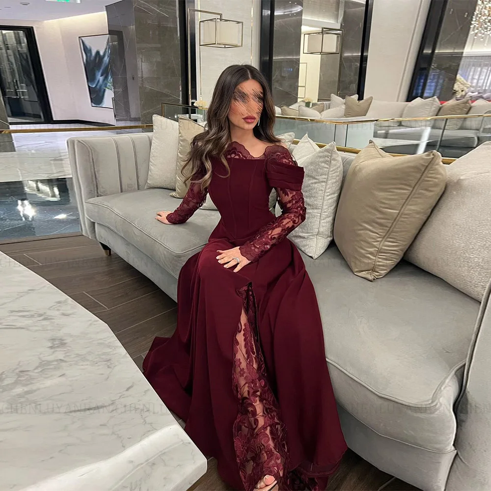 

MOLISA Customized Charming Red Waist Lace Trim Neckl Prom Dress Off The Shoulder فساتين سهراتSplit Floor-Length Srobe