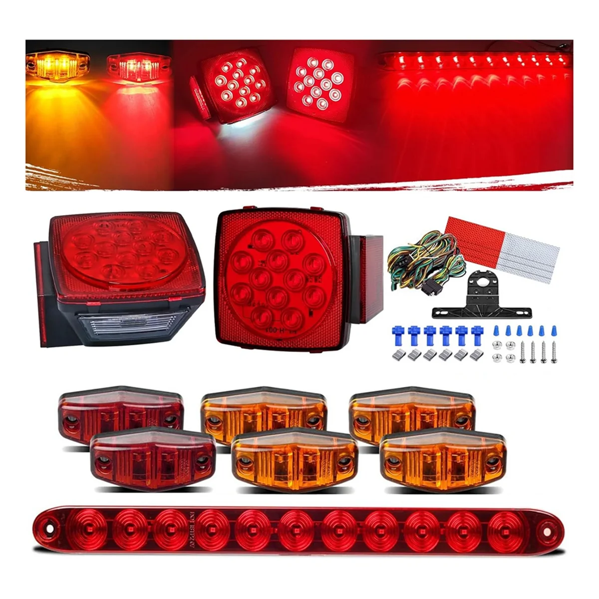 12V Square LED Trailer Light Kit,Submersible IP68 LED Stop Turn Tail Side Marker License Light for Utility Trailer,Boat