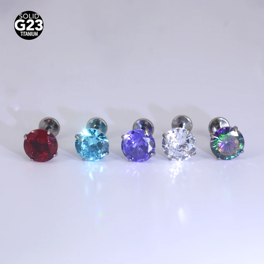 1Pc F136 Titanium  Colorful Zircon Ear Stud Helix Cartilage Tragus Body Piercing Jewelry 6mm CZ Labret Lip Piercing Stud Interna