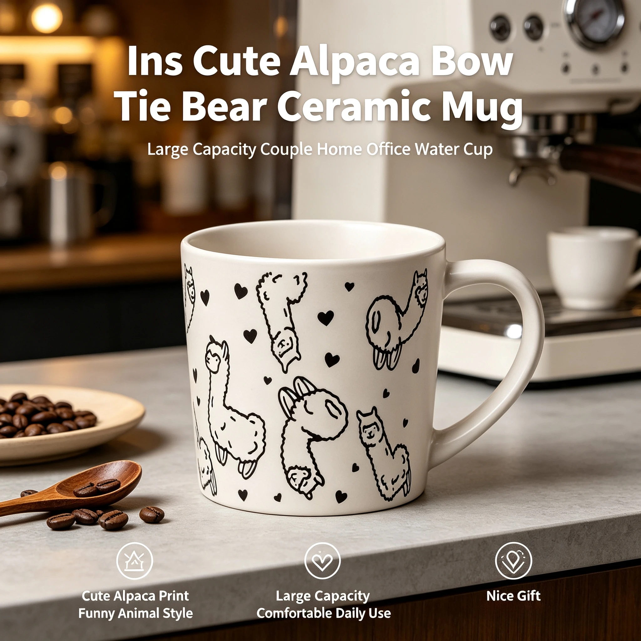 Ins Cute Alpaca Bow Tie Bear Ceramic Mug Large Capacity Couple Home Office Water Cup Nice Gift for Friends