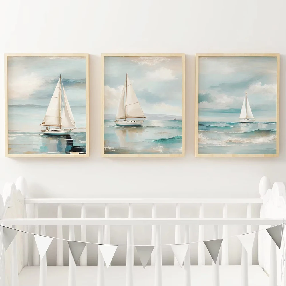 Nautical Sailboat Oil Painting Prints on Canvas Poster Retro Watercolor Ocean Wall Art Poster Living Room Home Decor Gift Idea
