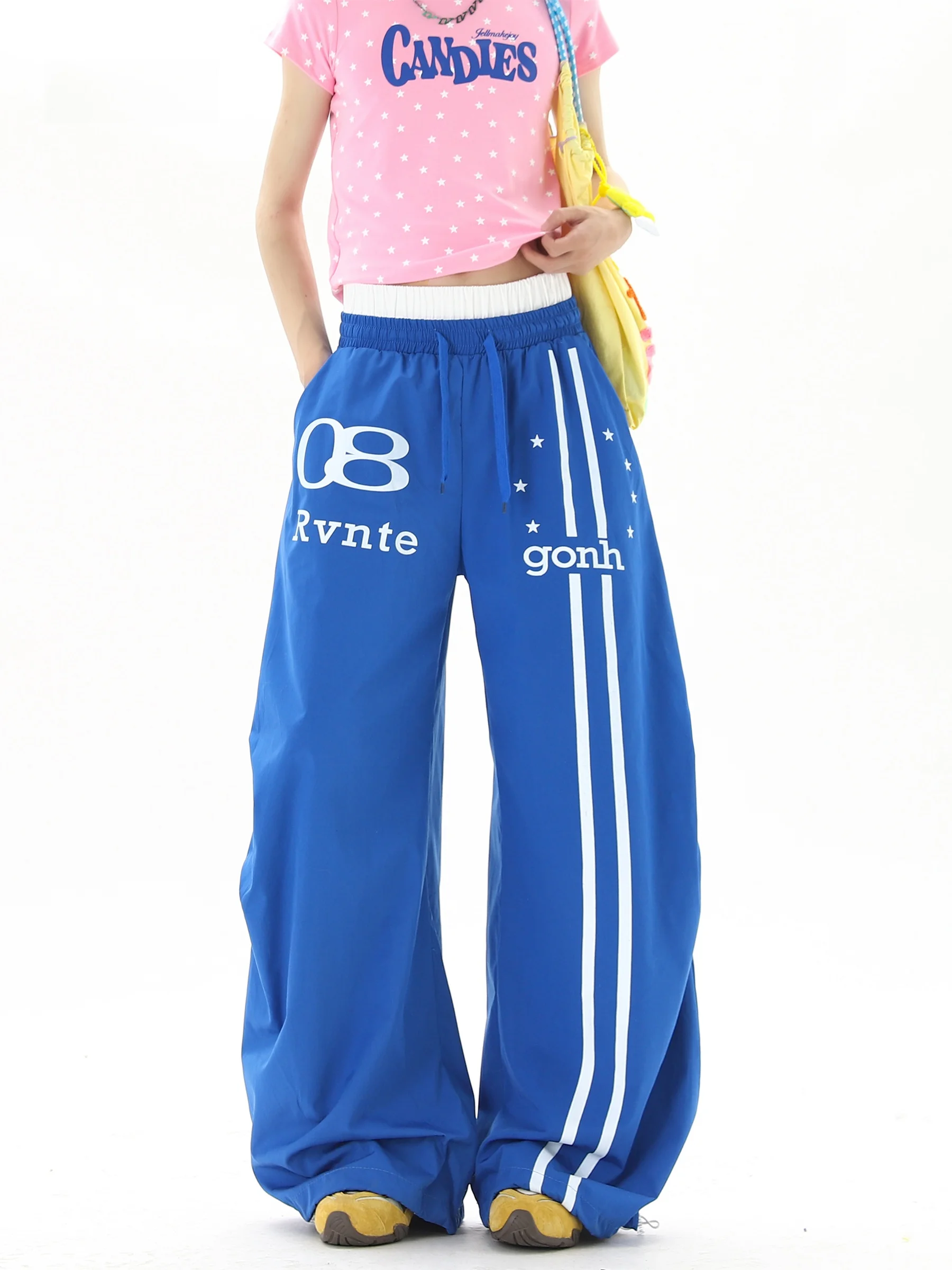 

American Letter Star Paratrooper Pants Women Summer Pleated Design Loose Wide Leg Sports Trousers Casual Straight Cut