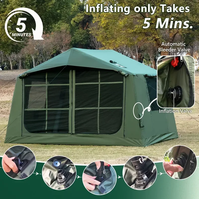 7.8 SQM Four-season Triple Layer Outdoor Glamping Inflatable Air Tent Foldable Oxford Canvas Waterproof Air Pump for Family