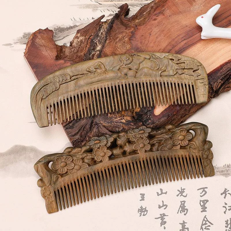 Natural Green Sandalwood Comb Double Sided Carved Fine Tooth Massage Scalp Wood Comb Anti-static Detangling Smooth Hair