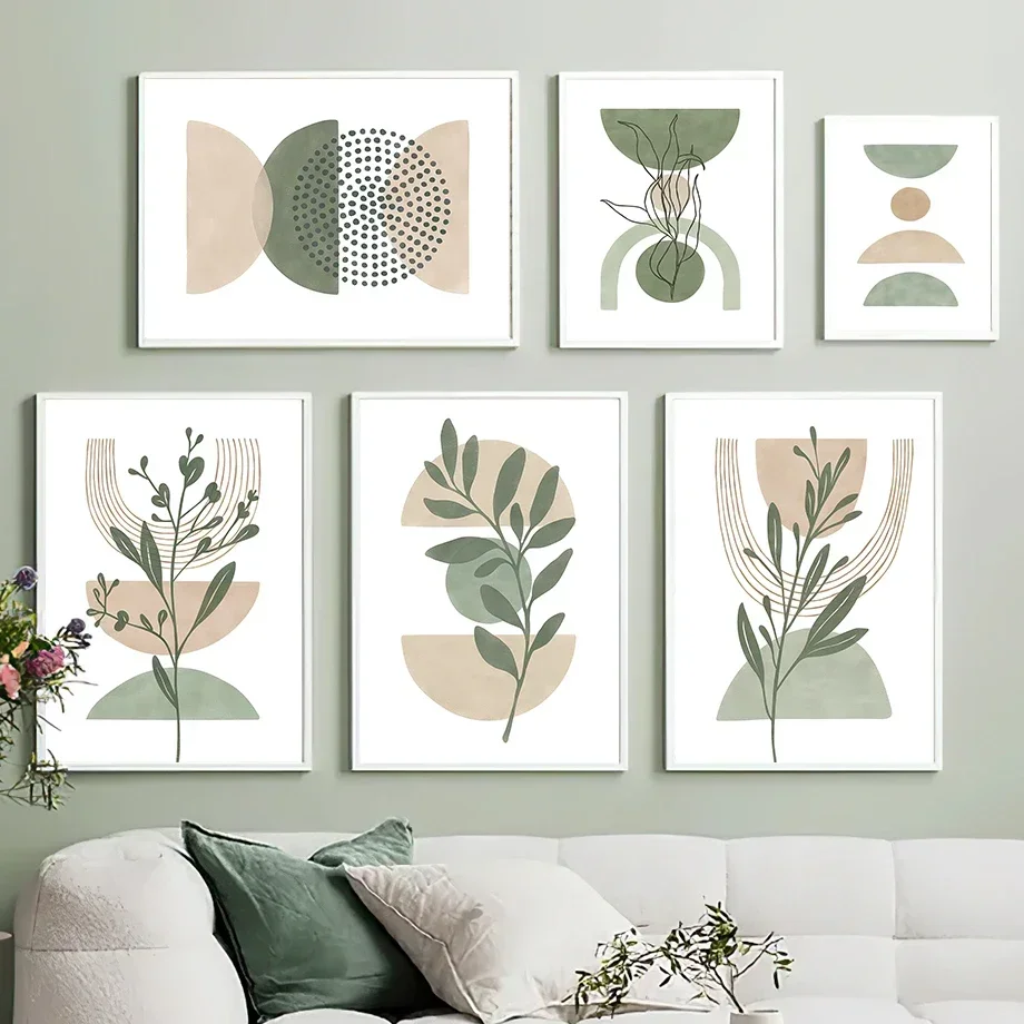 Multi-size 1PC frameless high-definition decorative paintings,Green Leaves Lines Geometry Abstract Boho Wall Art Canvas Painting