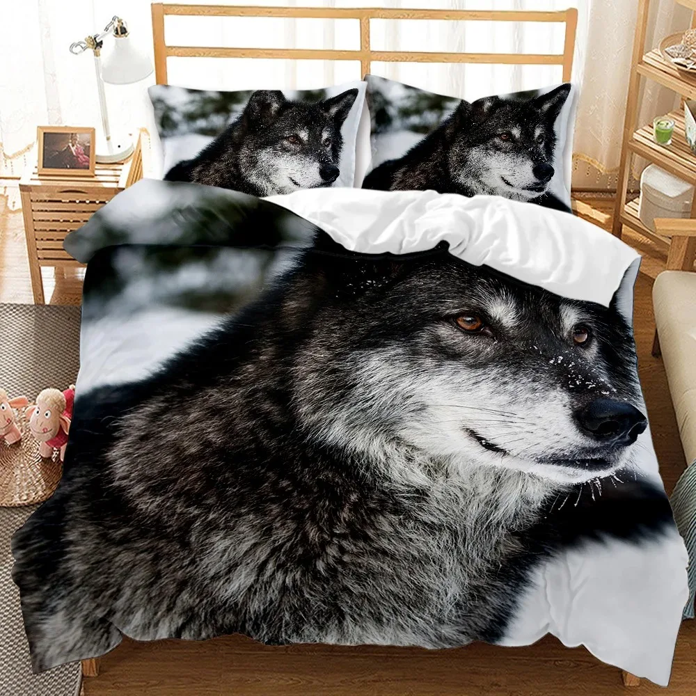 Wolf Comforter Cover QueenKing Size,animal Printed Quilt Cover,Wild Snow Wolf Theme Polyester Duvet Cover for Kids Teens Boys