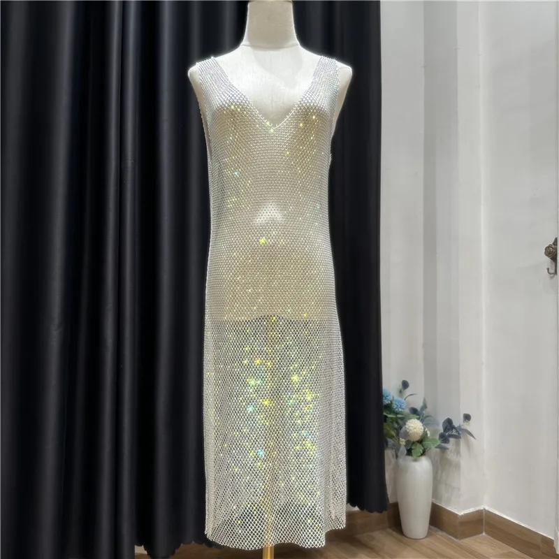 Sexy See Through strass Club Dress donna scollo a v profondo Sheer Shiny Diamond Mesh Base Glitter Crystal Backless abiti da sera