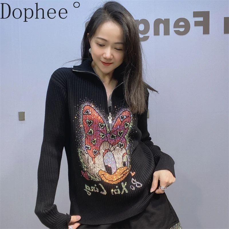 Zip Half High Collar Women Knitted Shirt Fashion Autumn Winter Long Sleeve Basic Sweater Cartoon Hot Drilling Pullover Knit Top