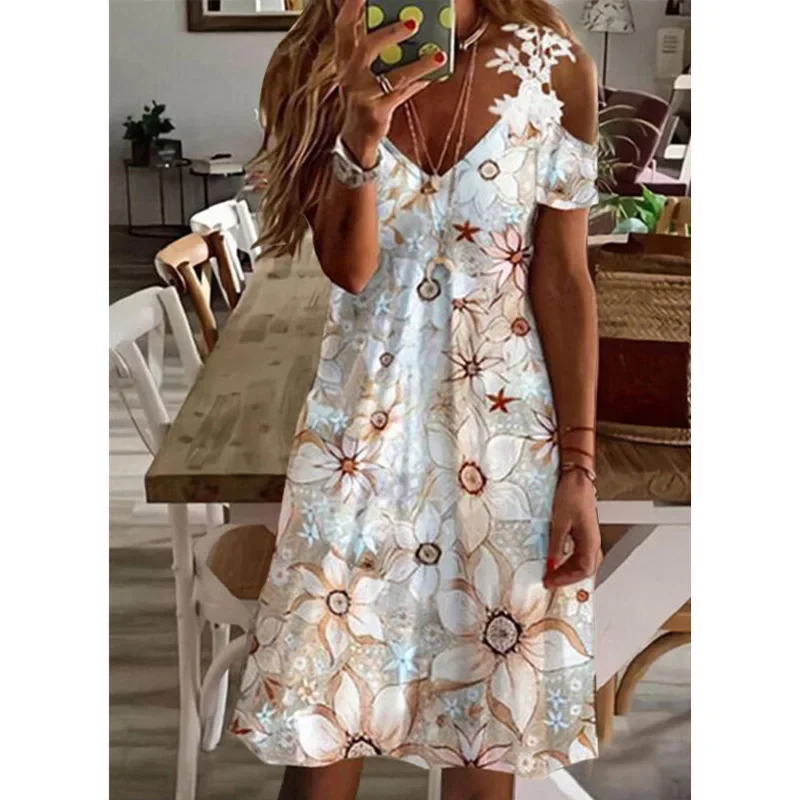 Abito con giunture in pizzo per donna stampa floreale con scollo A v con spalle scoperte manica corta una linea abiti 2023 estate nuovo elegante abito Casual