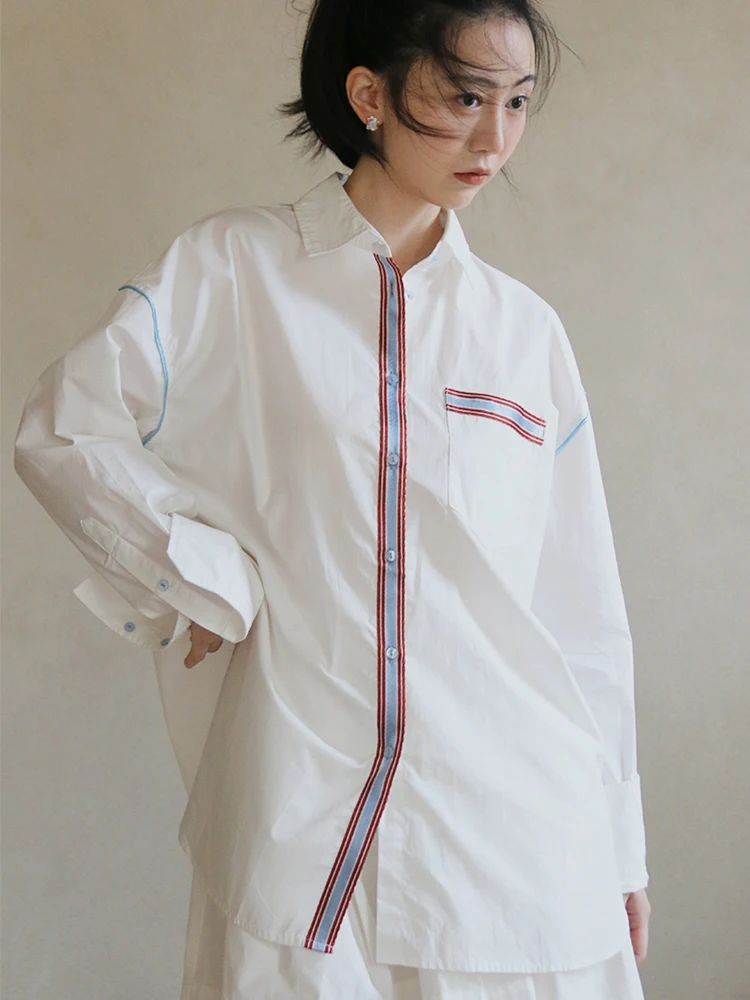 

Morrieyuan Original Design Color Blo Long Sve irt Pure Cotton Red Blue Weave Belt Retro School Master irt for Women