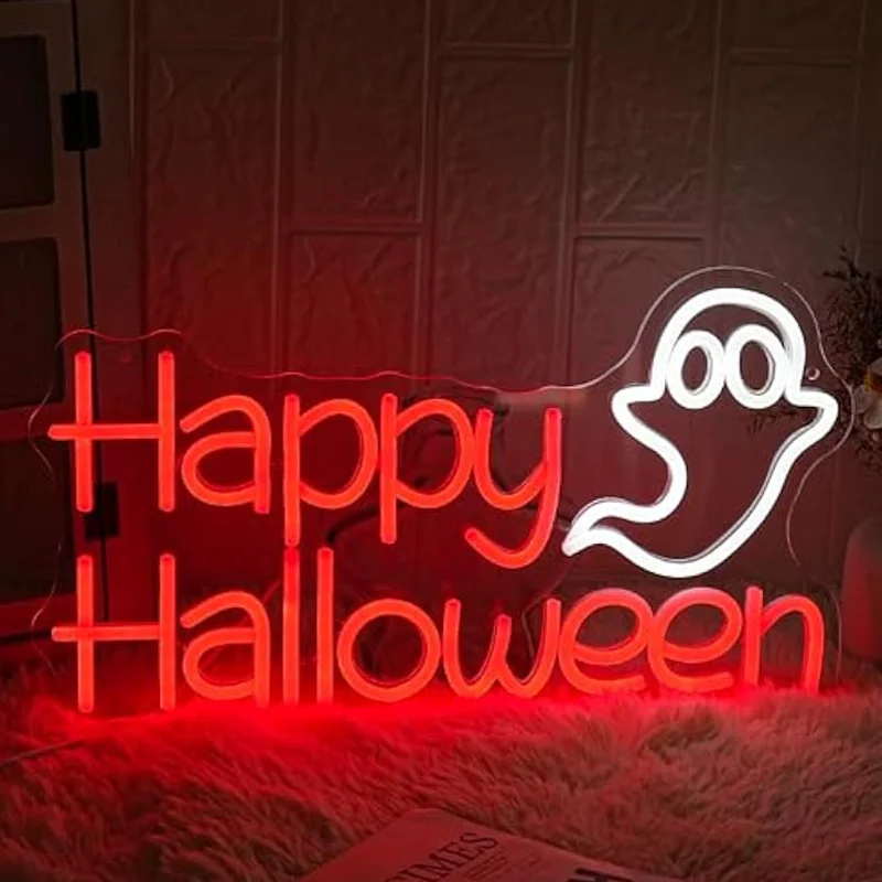 

Happy Halloween Neon Sign LED Ghost Neon Light Up Wall Decor for Bedroom Shop Hotel Party Bar Halloween Decoration