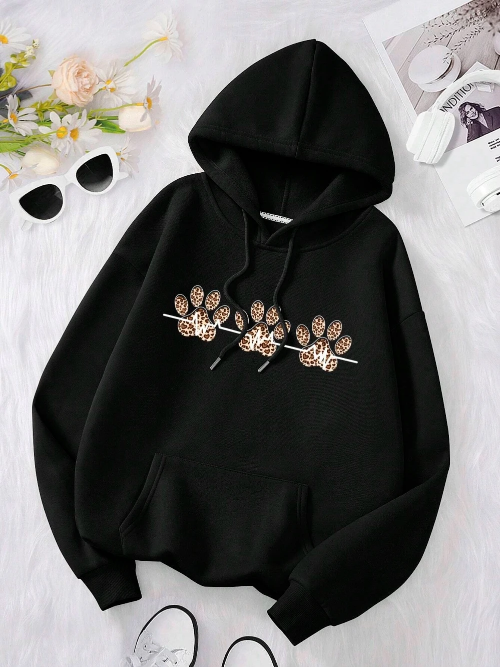 Three Cat Paw Leopard Print Electrocardiogram Female Hoodie Harajuku Fashion Hoody Loose Casual Sweatshirt Autumn Loose Hooded