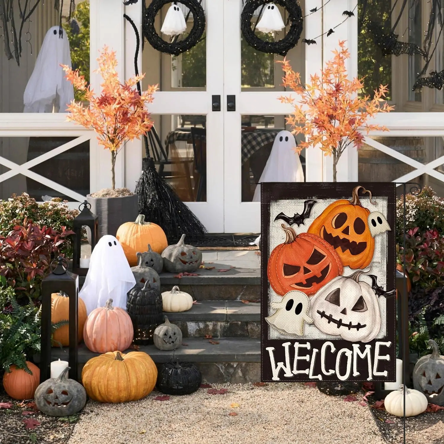 AVOIN colorlife Halloween Garden Flag 12x18 Inch Double Sided Outside, Jack-o-lantern Ghost Bat Welcome Yard Outdoor Decorative