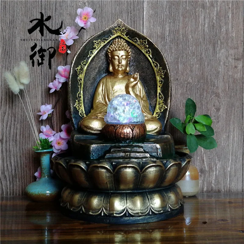 

Chinese Creative Resin Buddha Statues Crafts Tabletop Lucky Ornaments Living Room Humidifier Fountain Feng Shui Home Decorations