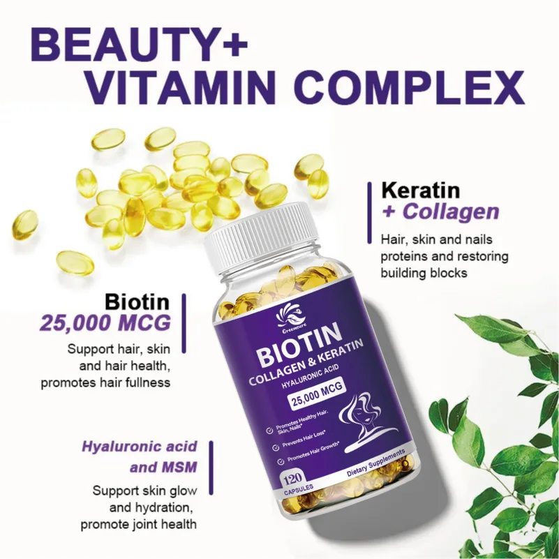 60/120Pcs Biotin & Collagen Vegan Capsules - Supplement Strong Nails Shiny Hair Glowing Smooth Skin