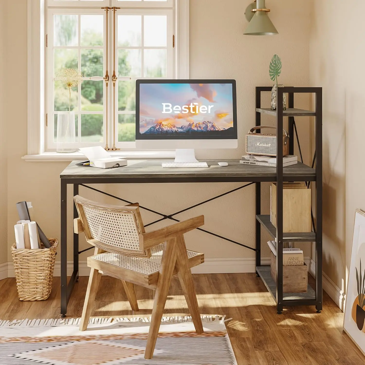 Computer Desk with Storage Shelves - 55 Inch Home Office Desks with Reversible Bookshelf - Plenty Leg Room and Easy Assemble,