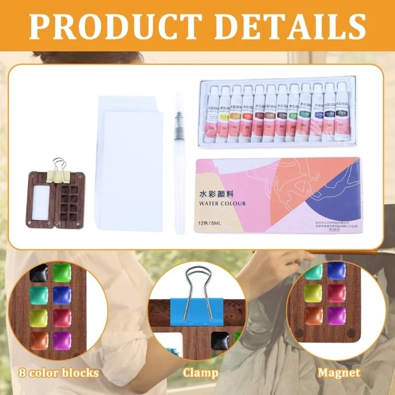 

Wood Paint Palettes Box with Clip, Travel Watercolor Painting Set with Watercolor Paper, Water Brush Pen for Artist Kid D2RC