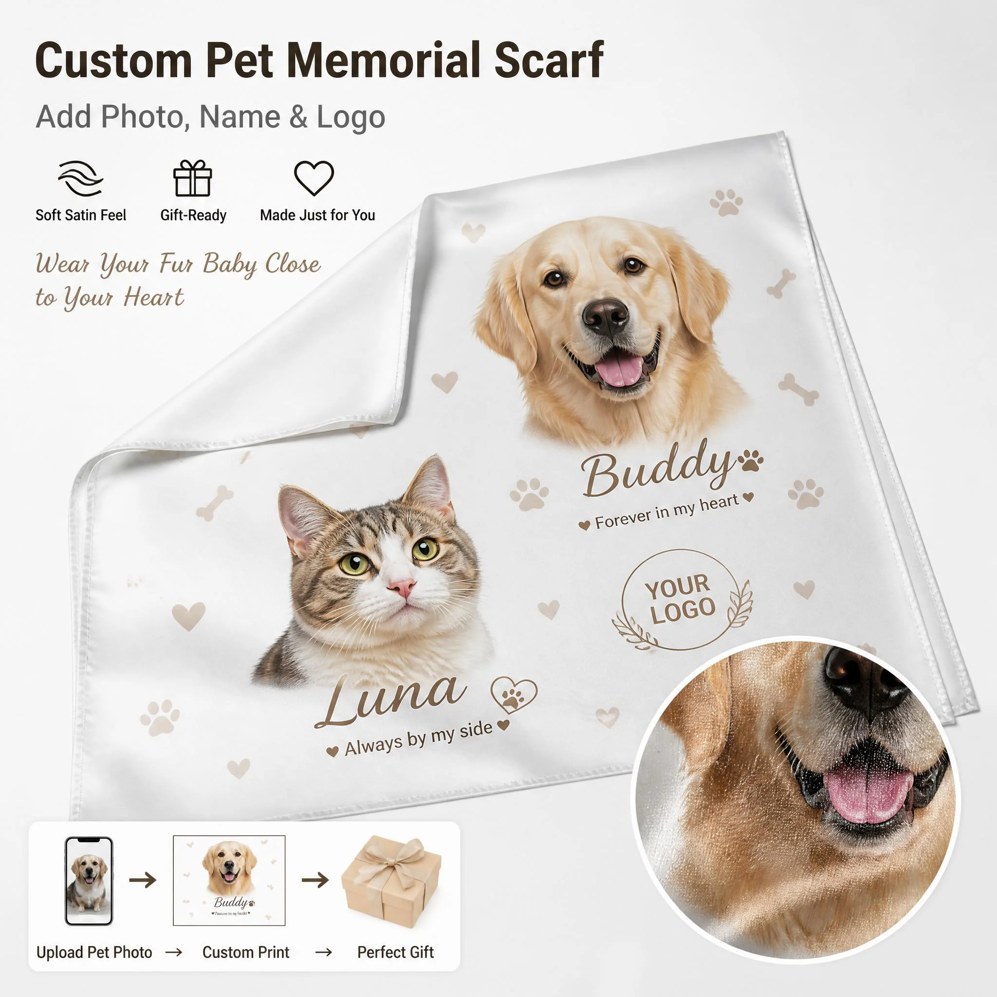 Custom Pet Photo Silk Scarf, Personalized Dog Cat Memorial Gift, Print Your Fur Baby’s Face, Pet Loss Sympathy Keepsake