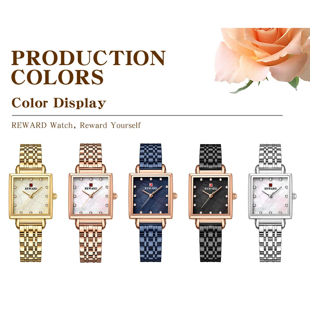 REWARD Womens Watches Fashion Luxury Golden Watch for Women Casual Waterproof Quartz Ladies Stainless Steel Wrist Watch