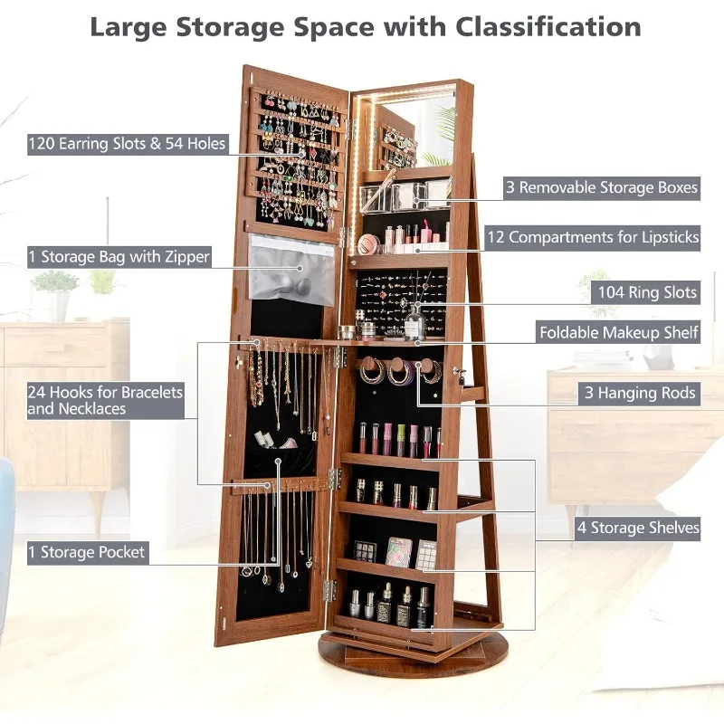 360 °   خزانة مجوهرات دوارة مع مرآة كاملة الطول، وأرفف تخزين خلفية، ومنظم خزانة مجوهرات قائم قابل للقفل