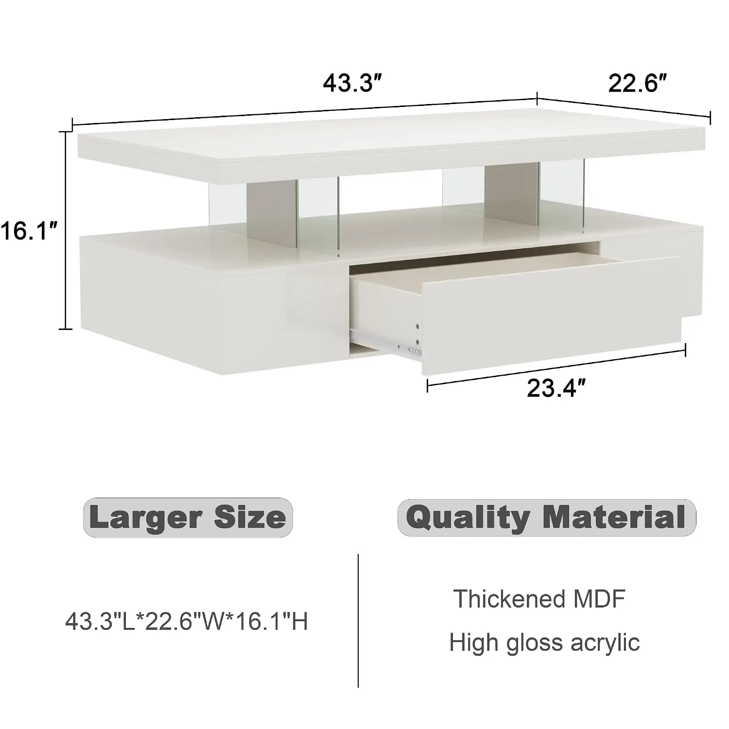 Modern LED Coffee Table High Glossy Rectangle with Drawer Storage for Living Room Bedroom White, Customized