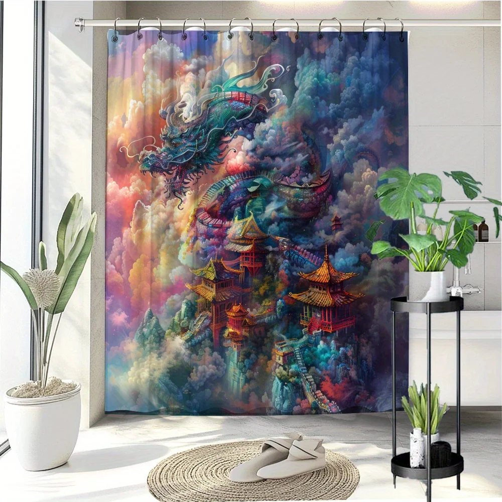 

Mystical Dragon Temple Print Waterproof Shower Curtain for Bathroom, Fantasy Landscape Design High-End Toilet Partition Curtain