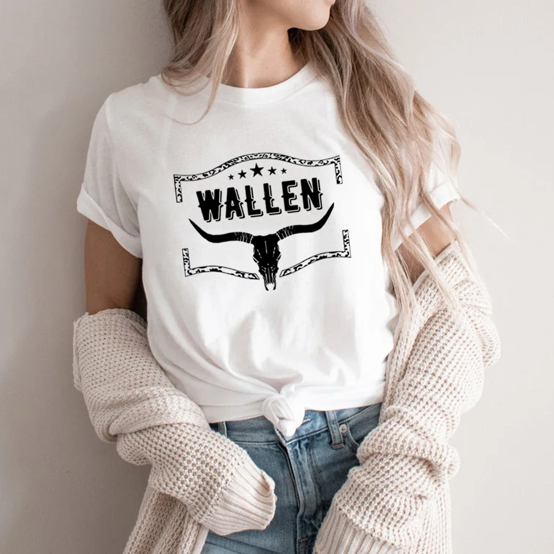 Y2k Short Sleeves T Shirt Wallen Bullhead Tee Country Music Shirts Cow Skull Walle Short Sleeve Vintage Tee Streetwear Tops