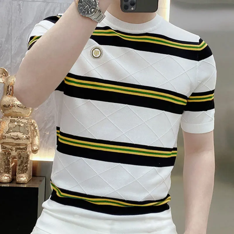 Summer New Personalized Stripes Slim Fit, Handsome, Elastic Thin, Versatile Knitted Short Sleeve Round Neck Ice Silk T-shirt